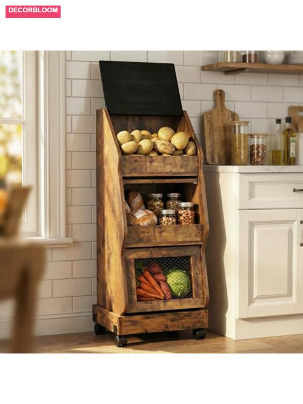 Potato Onion Storage Bin Rustic Movable Bread Box with Wheels Wire Mesh